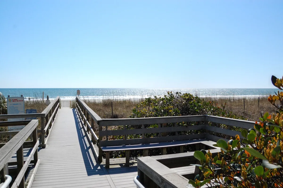 A wooden walkway flanked by dune grass leads directly toward sweeping ocean views, with the horizon stretching above gentle waves. Lush greenery surrounds the path, inviting visitors to stroll toward the sun-drenched sand, evoking a sense of anticipation and the simple pleasures of beach life.